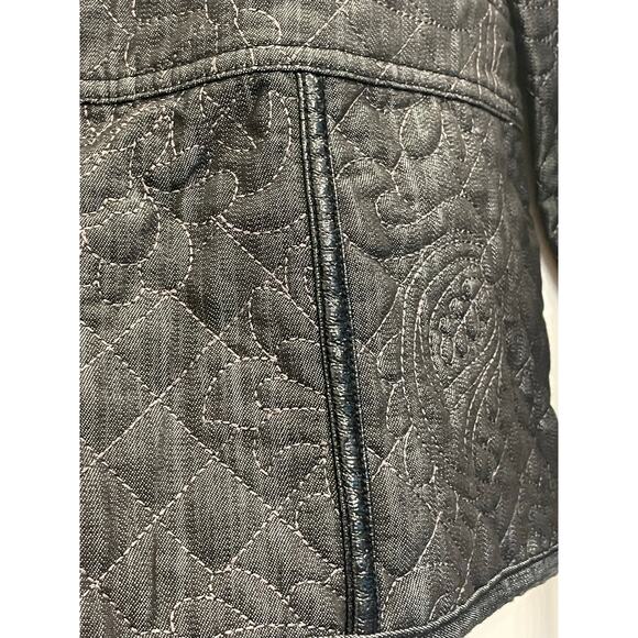 Chico's Charcoal  Black Floral Quilted Jacket Blazer 3/XL Faux Leather accents - Picture 5 of 13